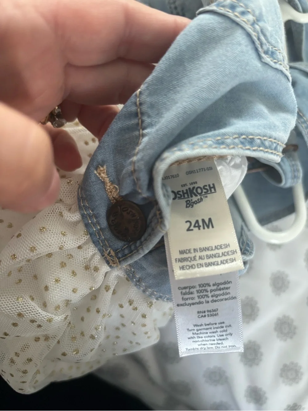 OshKosh B'gosh Light Blue Denim Overall Dress with Cream Tulle Skirt gold accent